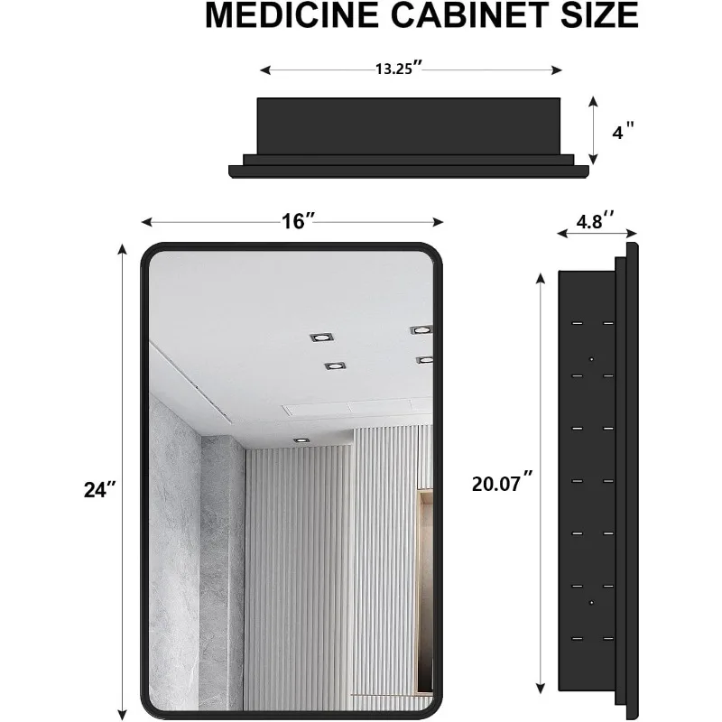 Black Bathroom Medicine Cabinet with Mirror 16 x 24 Metal Frame Recessed Or Wall Mounted Single Door Storage Medicine Cabinet