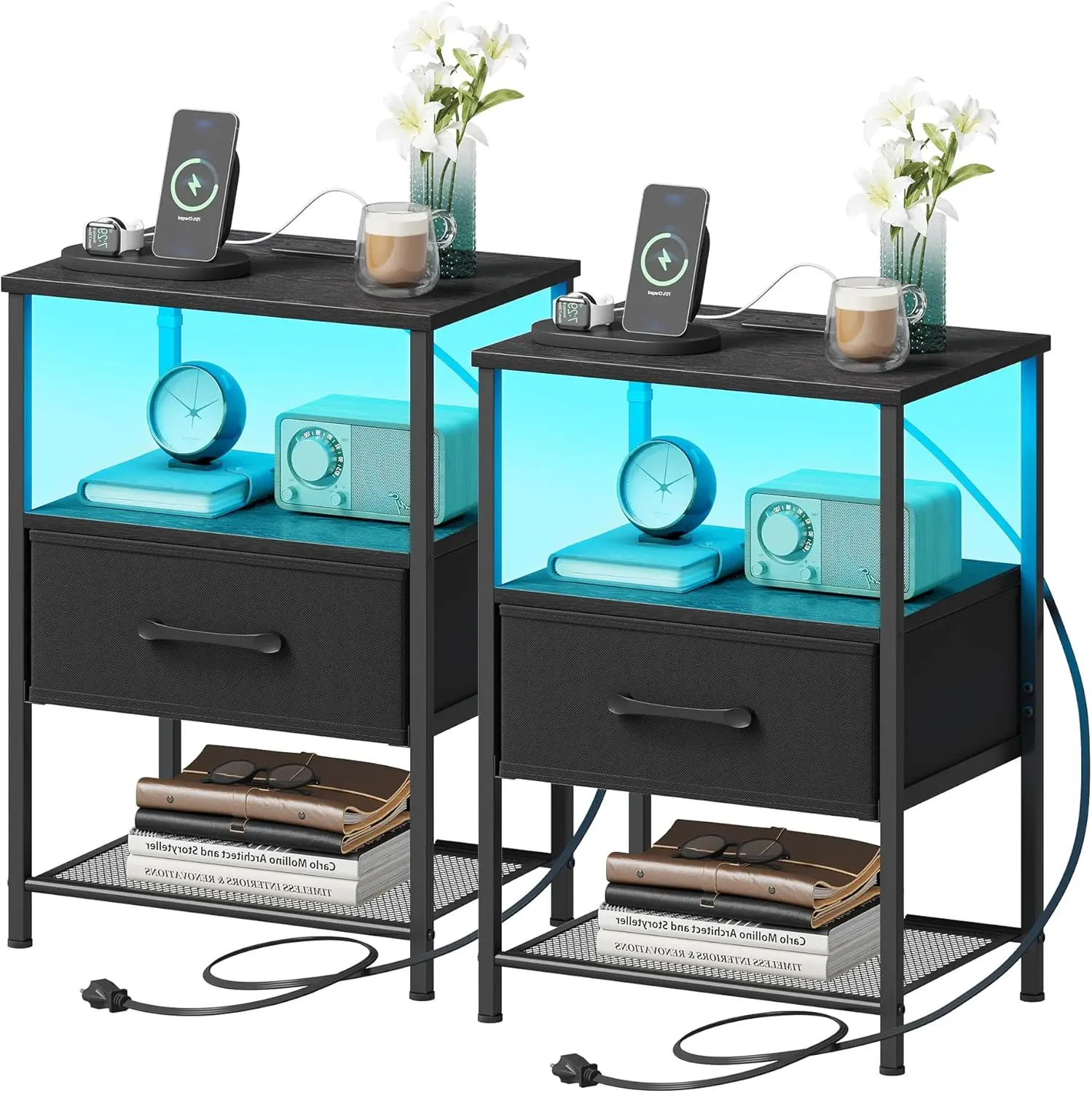 

2-Piece Nightstand Set with Charging Station, LED Lights, Fabric Drawer & 3-Tier Shelves for Bedroom - Black