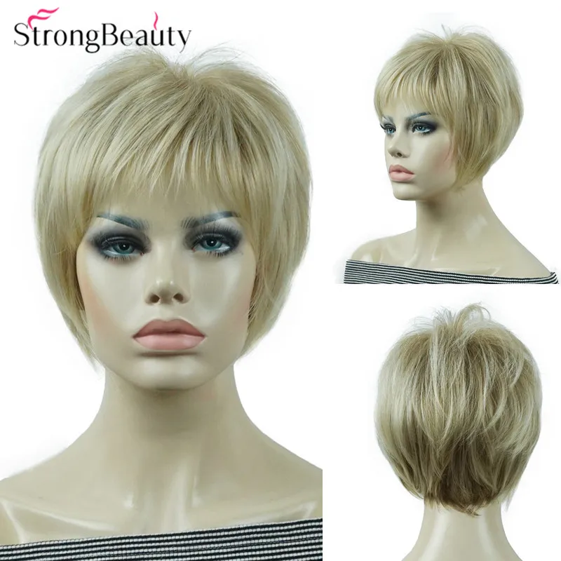 StrongBeauty Short Straight Synthetic Wigs Soft Hair Layered Shag Ombre Blonde Wig