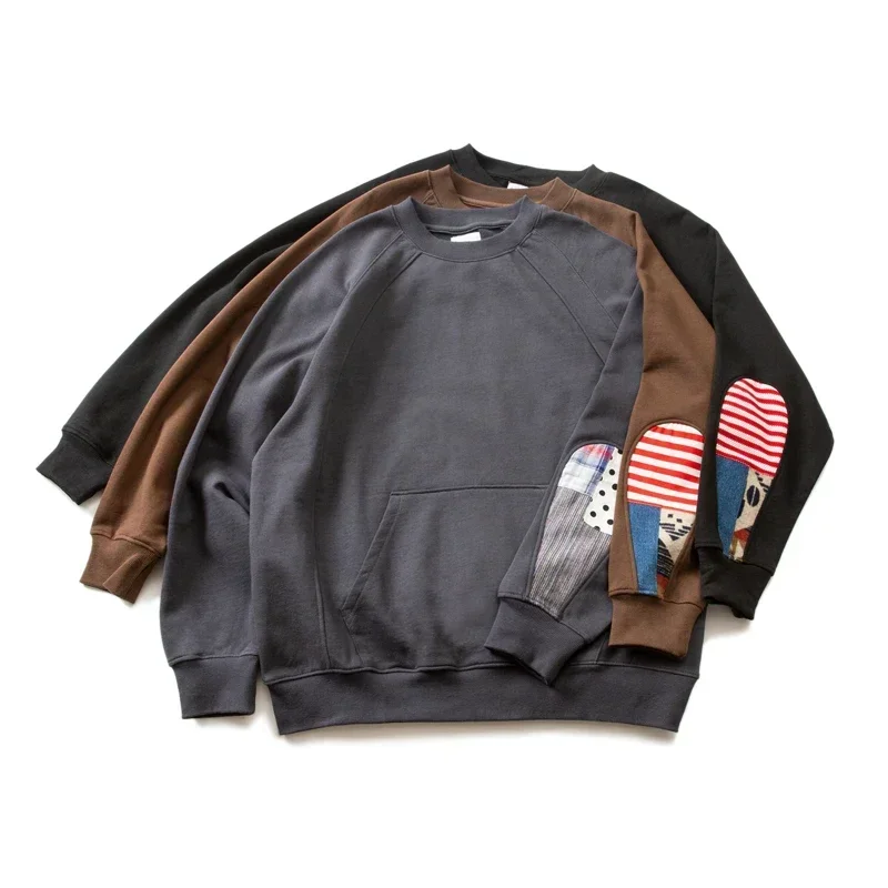 Spring Japanese Vintage Gog Heavy Water Drop National Style Splice Round Neck Pullover Loose Fit Sweatshirt Men