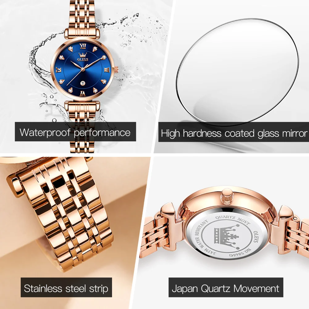 ساعة كوارتز ماسية OLEVS 5866 أنيقة بحزام من الفولاذ المقاوم للصدأ باللون الذهبي الوردي وساعات مقاومة للماء ساعات يد فاخرة وبسيطة للنساء