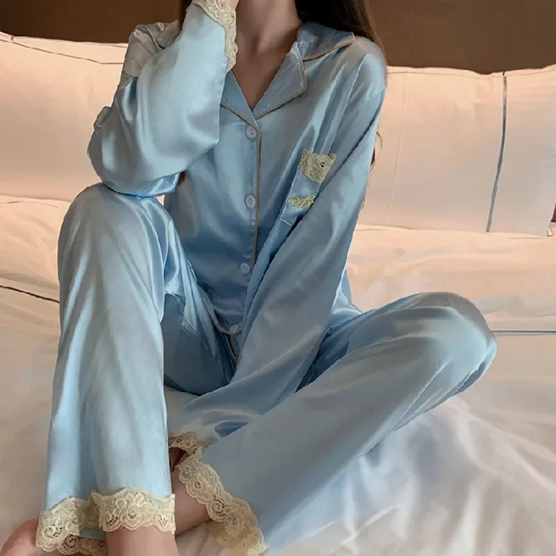 Women's Pajamas Sets Spring/autumn Long-sleeved Ice Silk Thin Lace Cardigan Trousers Home Service Clothes pyjama pour femme