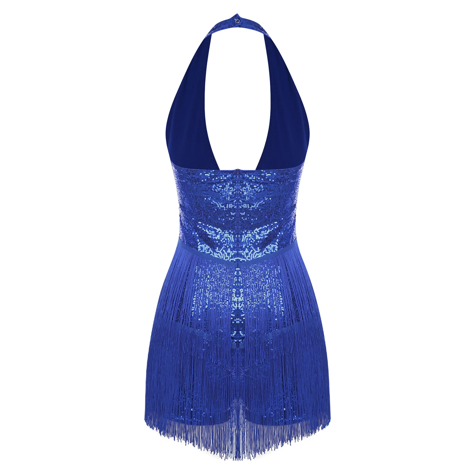 สตรี Glittery เลื่อมบอดี้สูท Rompers Halter Plunging Backless ฉัตรพู่ Fringe Jumpsuit Playsuit Disco Dance Clubwear