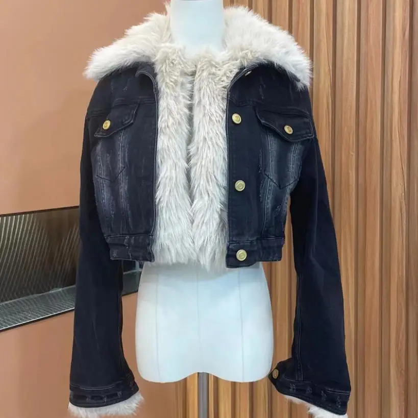 

Autumn New Fashion Hipster Denim Jacket Women Detachable Plush Lapel Stitching Chic Short Denim Coat Long Sleeve Outwear Y3095