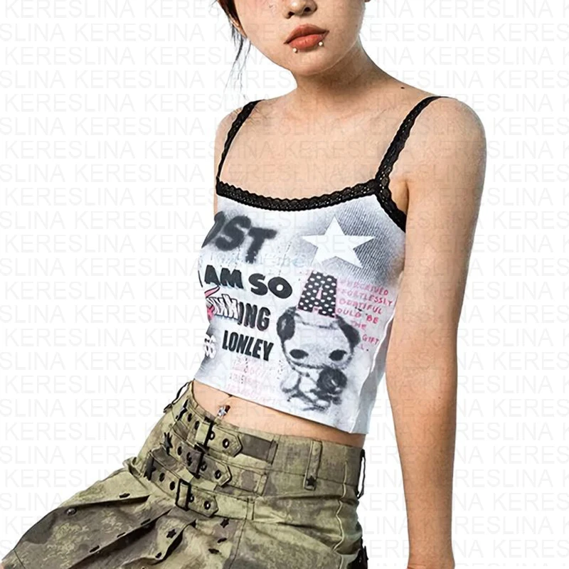 Y2k new Gothic dark and quirky retro lace camisole letter printed vest emo outdoor casual sports street fashion vest