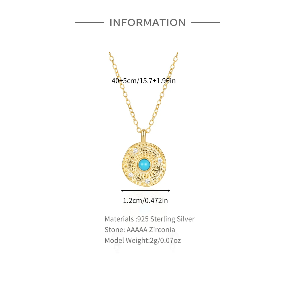 BOAKO S925 Sterling Silver Necklaces For Women Sun-shaped Single Turquoise Pendant Necklace 18K Gold Plated Party Jewelry Gift