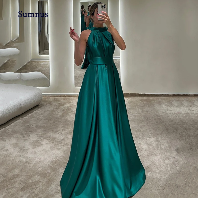 

Sumnus Classic A-Line Evening Dresses High Neck Sleeveless Prom Dress Satin Custom Size Party Gowns Long Bespoke Saudi Arabia