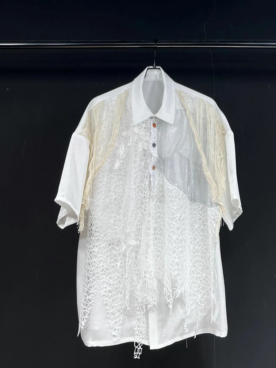 GALCAUR White Spliced Hollow Out Loose Shirt Female Lapel Short Sleeve Irregular Design Women's Shirts Summer New Style Fashion