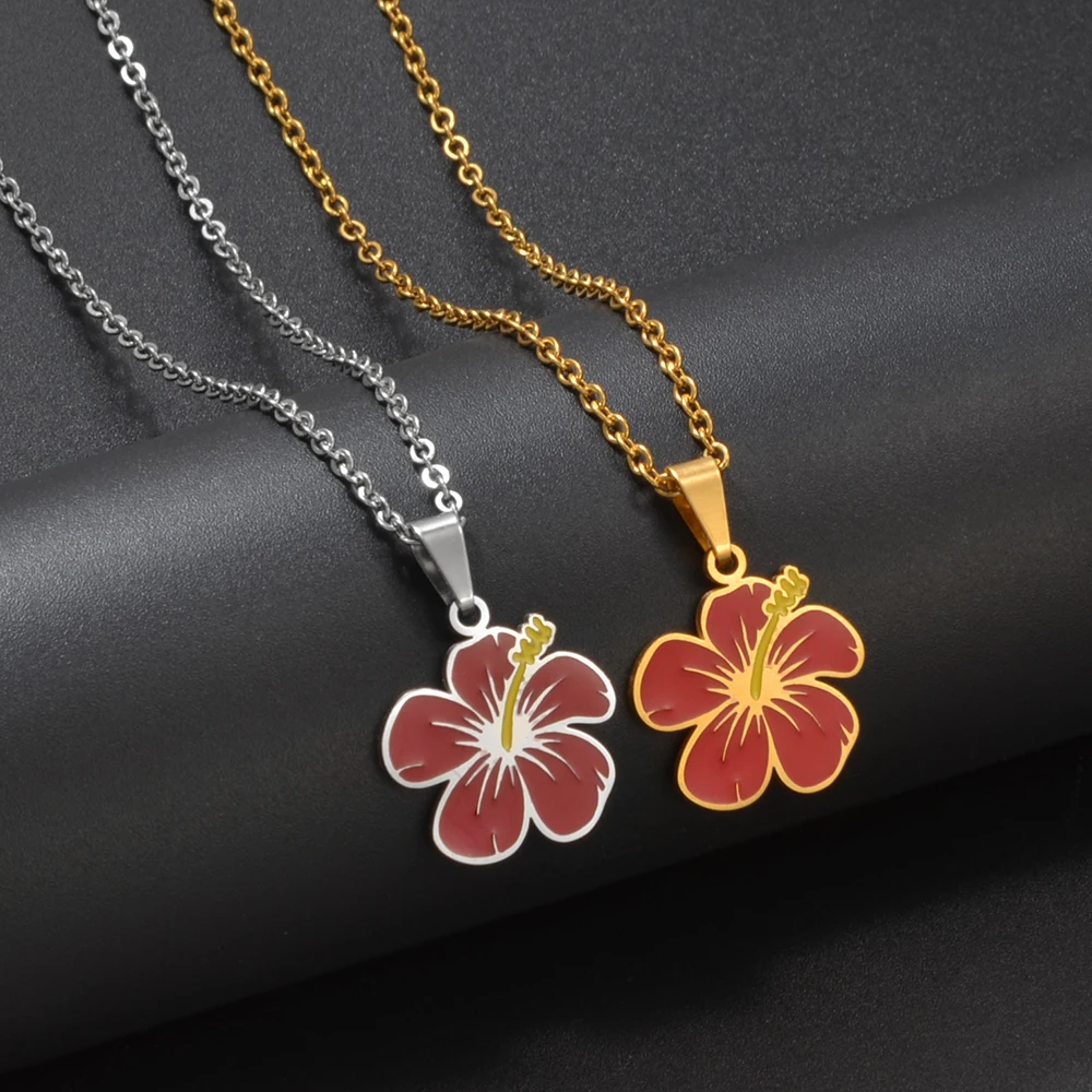 Anniyo Hawaiian Guam Hibiscus Flowers Pendant Necklaces for Women Girls Guadeloupe Frangipani Jewelry #000962