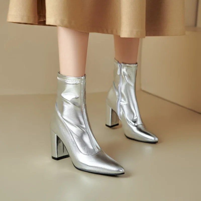 

2025 Новые зимние элегантные женские сапоги до середины икры золотого и серебряного цвета, популярные офисные женские туфли на высоком каблуке, большие размеры 32 43 45 46