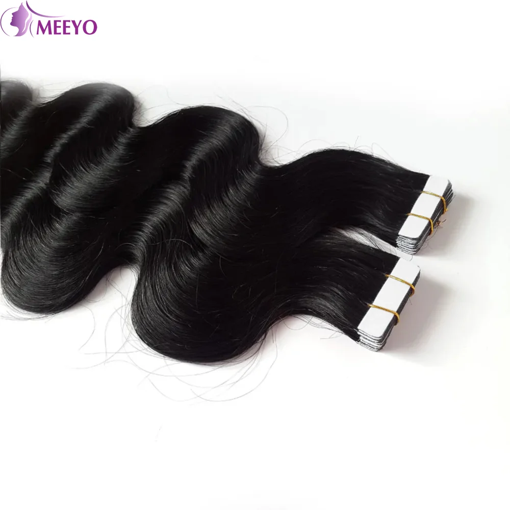 Body Wave Tape In Human Hair Extensions 100% Real Remy Human Hair Adhesive Natural Black Tape In Hair Extensions 16-26 Inch 50G