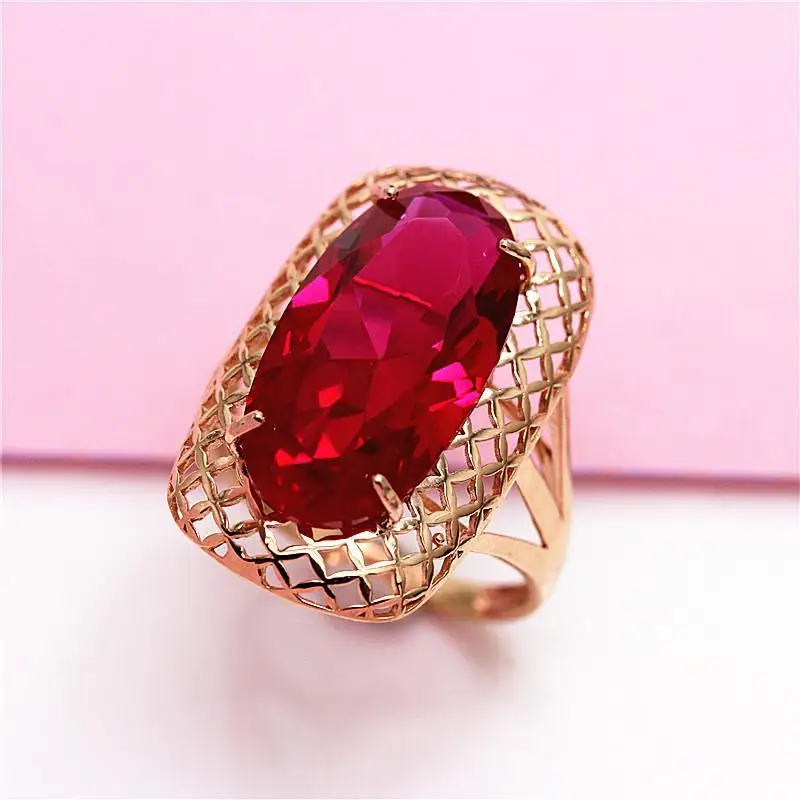 585 purple gold 14K rose gold classic oval ruby rings for women square hollow craft exaggerated luxury wedding jewelry