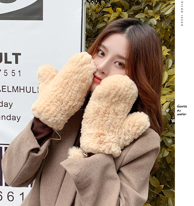 Women's Winter Real Rex Rabbit Fur Gloves Warm Thick Ladies Fur Mittens Elastic Girls Ski Glove Mitts Elastic Soft With String