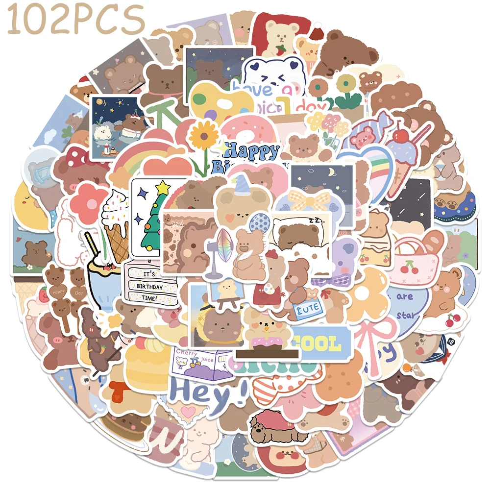 

102pcs Cartoon Cute Little Bears Stickers Decals For Phone Laptop Suitcase Skateboard Guitar Aesthetic Stickers Children Gifts