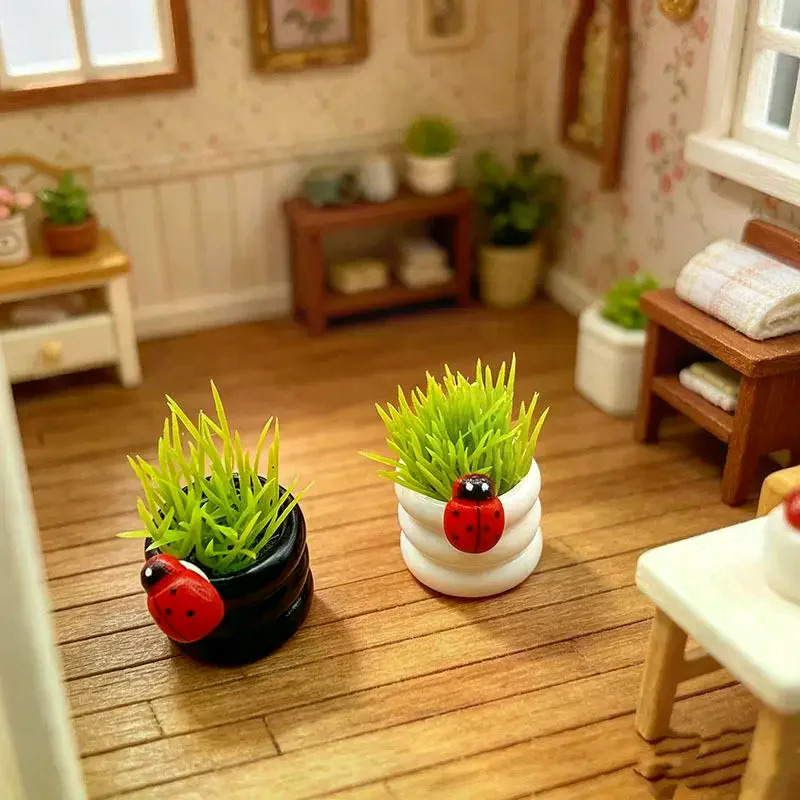 Miniature Potted Plant Model with Ladybug for Artistic Diorama Installations
