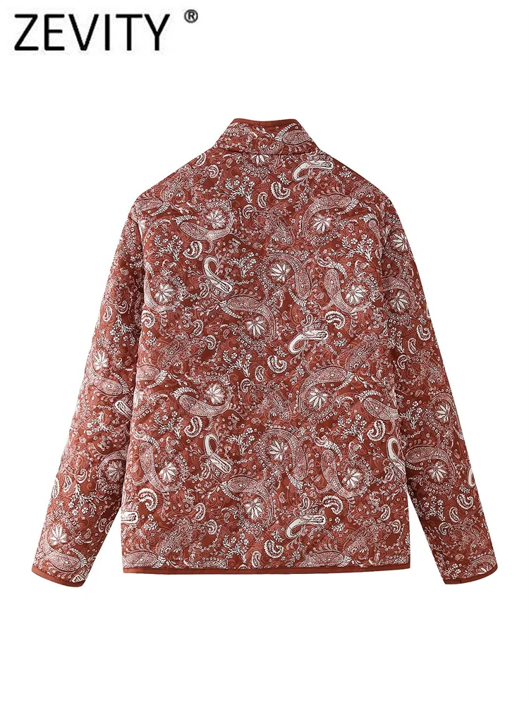 ZEVITY New Women Vintage Stand Collar Paisley Floral Print Quilted Cotton Jacket Coat Female Cashew Nuts Winter Chic Tops CT7157