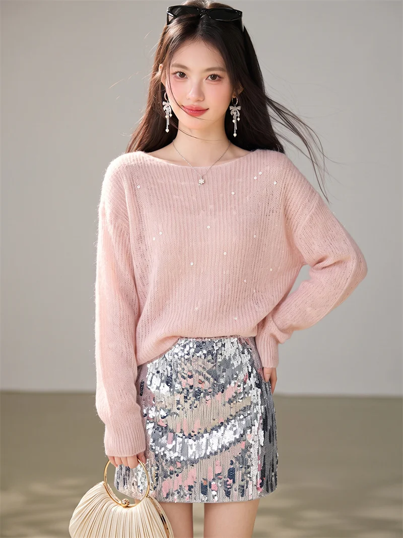 Women Off Shoulder Long Sleeve Knit Sweater, Loose Lazy Glitter Sequin Pullover Fall Elegant Top