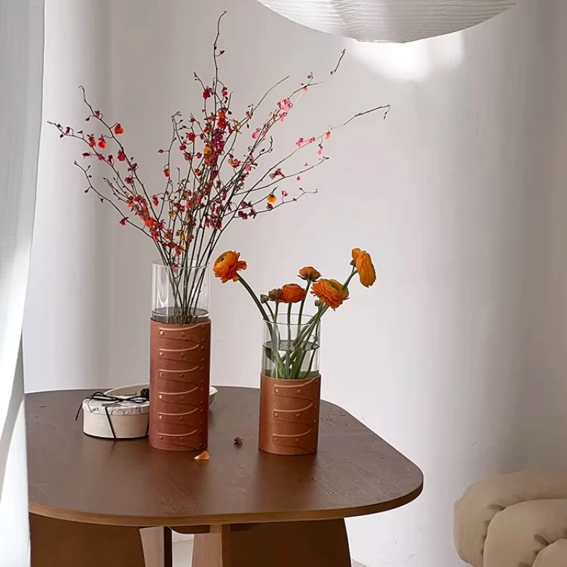Wood Leather Glass Straight Vase Ornament New Chinese Style Home Commercial Decoration Retro Vases Room Decor Вазы Room Decor