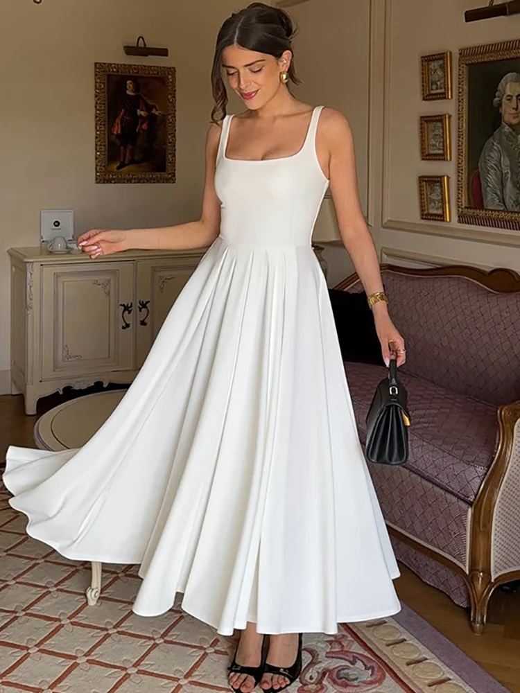 

JULISSA MO Sexy Square Collar A-line Women Maxi Dress White Spaghetti Strap Ruched Dress Autumn Slim Elegant Party Evening Dress