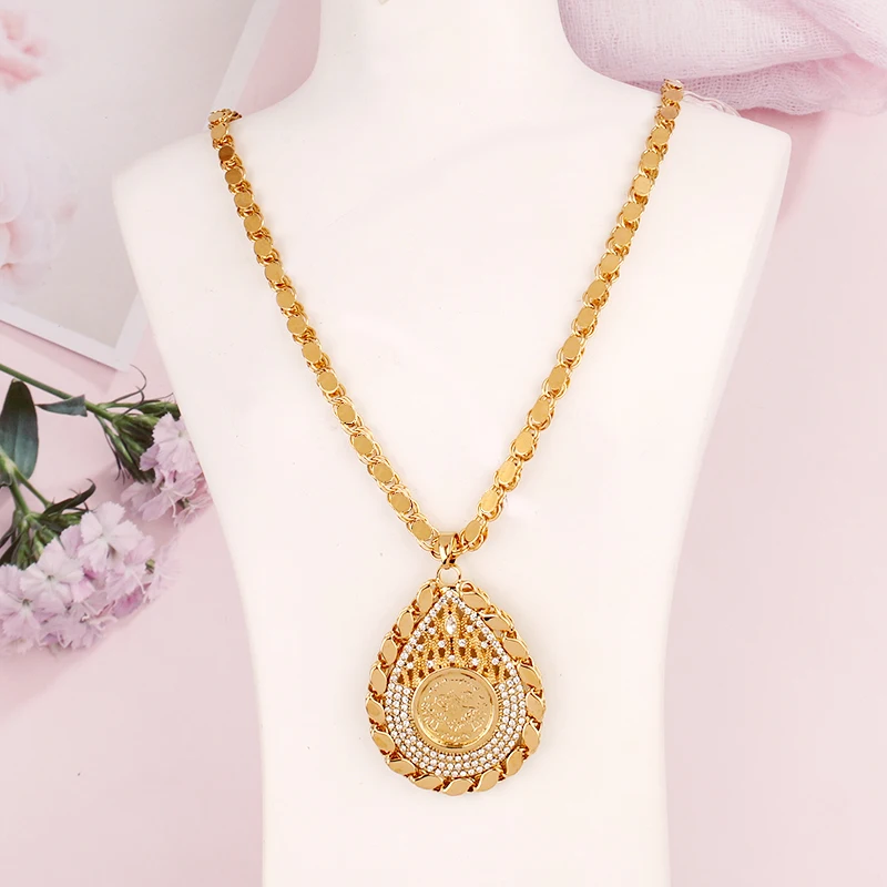 Water Drop Pendant Necklace Copper Gold Plated Turkish Coin Jewelry Necklace Chain for Women Middle East Bridal Accessory