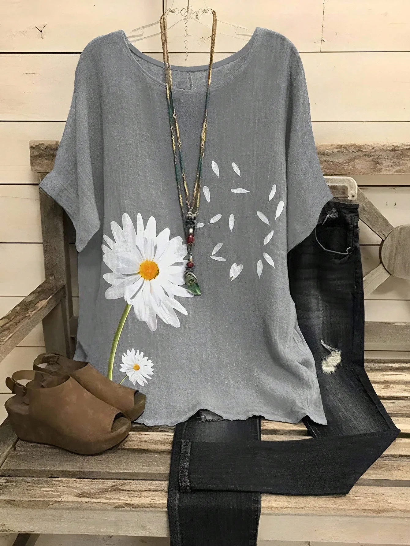 

Футболка с принтом ромашек и круглым вырезом для женщин больших размеров, повседневный летний топ