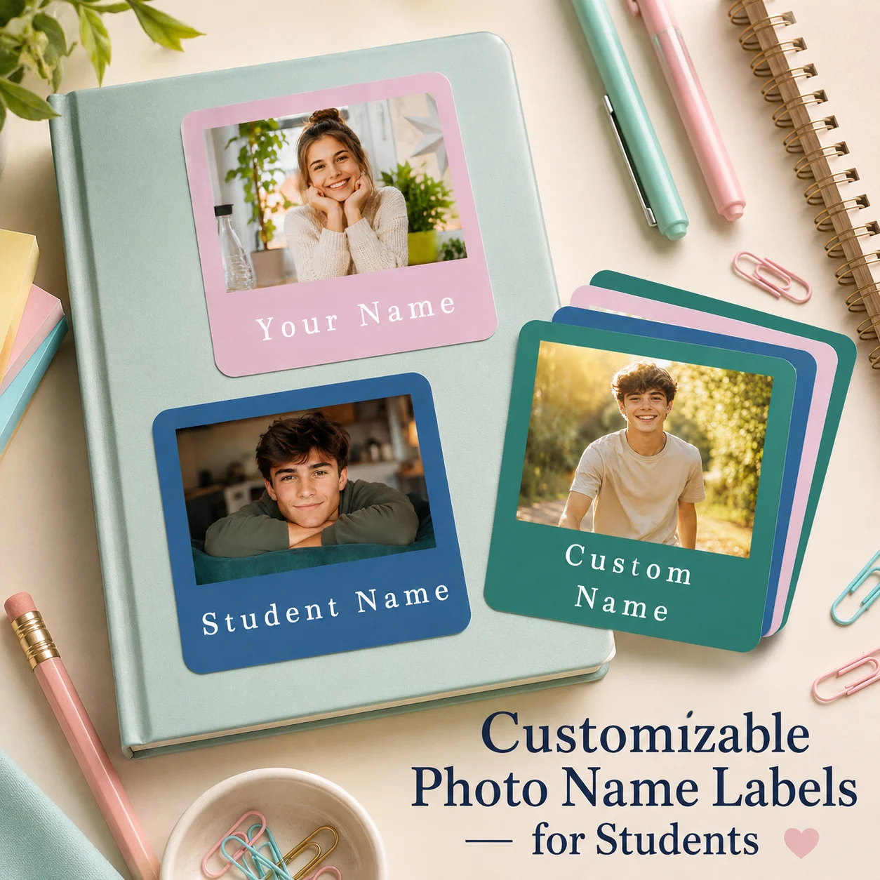 Customized Back-To-School Photo Name Stickers Customized Square Half-Portrait Photo Labels Personalized Labels for Schools, Offices, Water Bottles, Pencils - Non-Curling Adhesive Waterproof Name Tags School Classroom Backpacks Luggage Back-To-School Gift for Son or Daughter