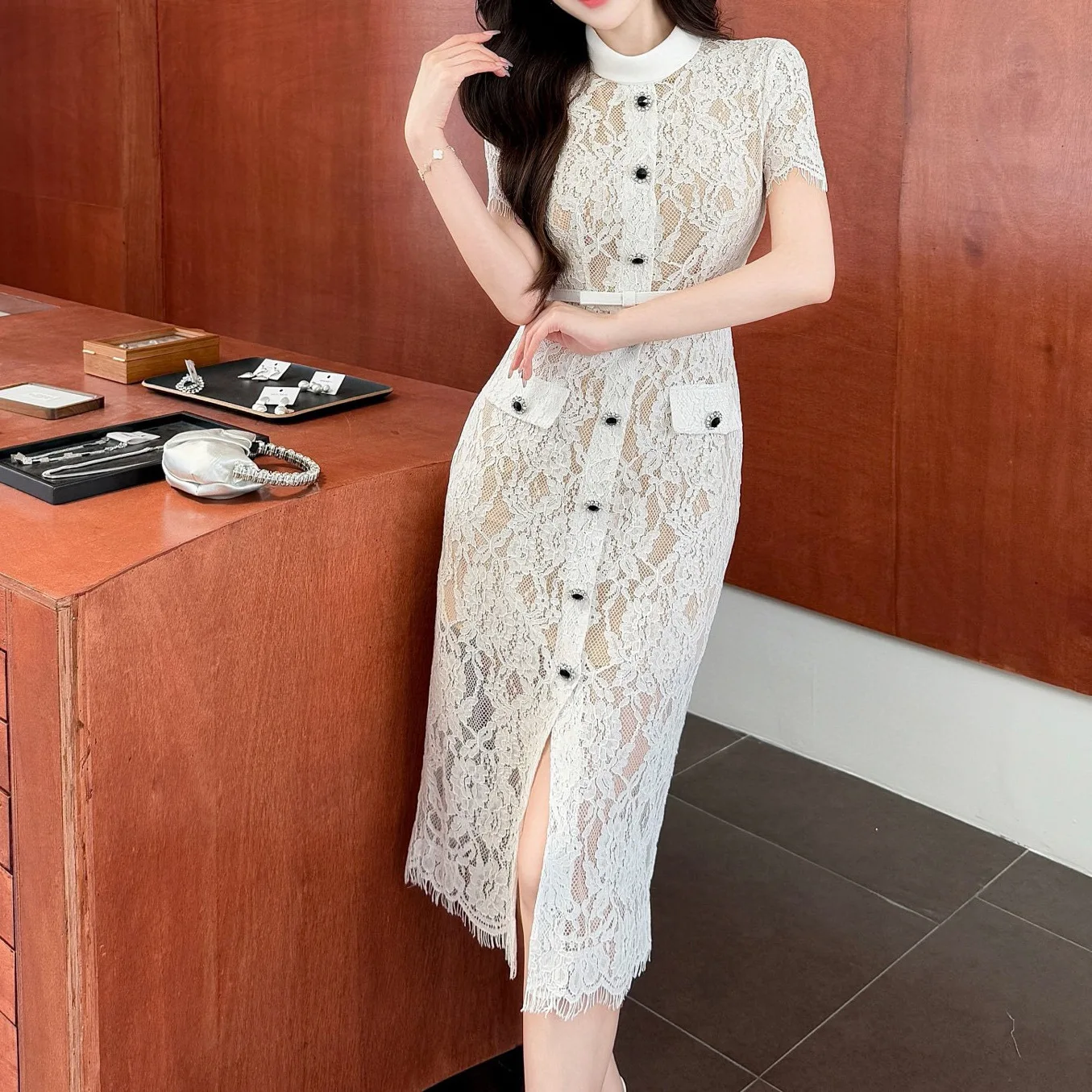 

Ele Slimming Long Dr Single Button Eyela Lace High Waist Midi Skirt Ele Sle Summer Faion Chinese Brand