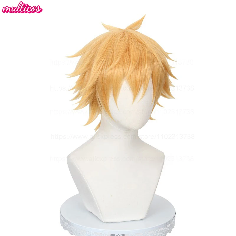 عالية الجودة Denji شعر مستعار تأثيري قصيرة الطبقات الذهبي مقاومة للحرارة الشعر الاصطناعية هالوين كرنفال أنيمي الباروكات + غطاء شعر مستعار #3