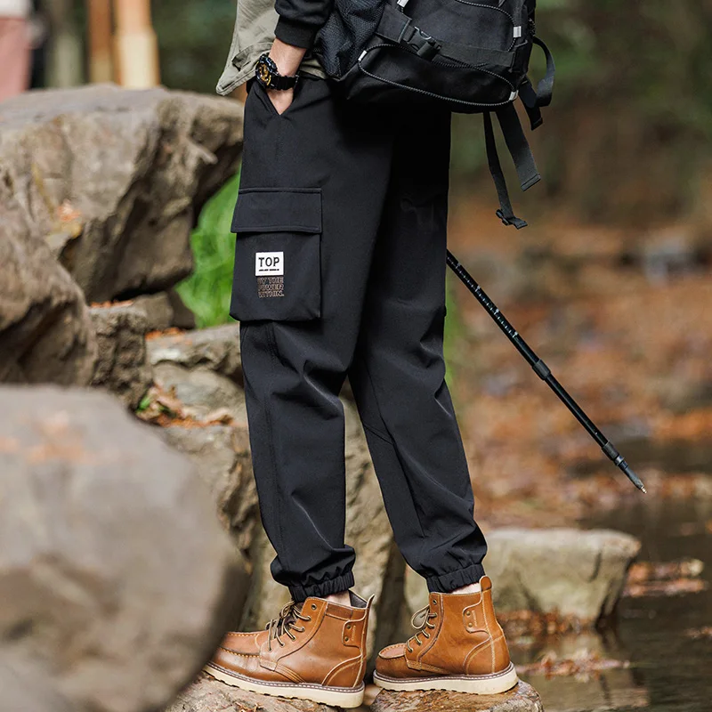 

New Spring and Autumn Men's Solid Color High Waist Elastic Loose Plus Size Cargo Pants Pockets Letter Fashion CasualTrousers