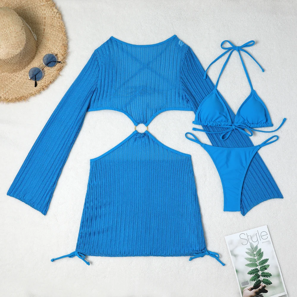 Sexy rote Bikinis Sets Langarm Badeanzug Kleid Hohl blau Bikini Strand Cover Up Sommer Outfits Frauen Ringe Urlaub Bademode
