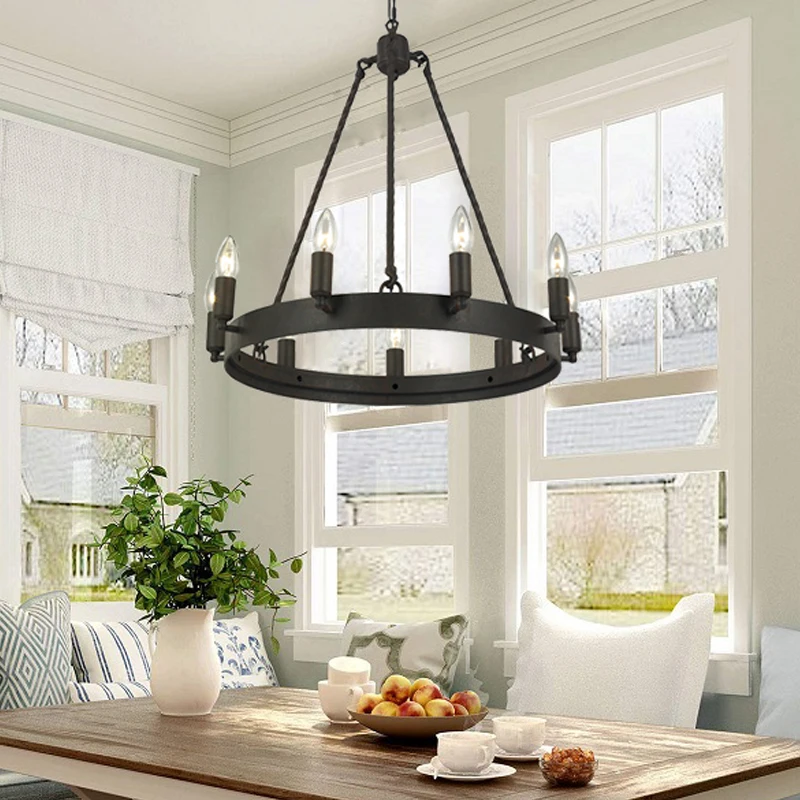 

Black Chandeliers Industrial Iron Lighting Candle Light Hanging Ceiling Chandelier Fixture Dining Kitchen Bedroom Living Room