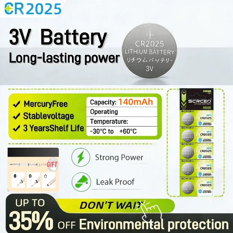 

CR2025 3V Lithium Battery 140mAh Long-Lasting Mercury-Free Cell Batteries with 3-Year Shelf Life for Watches Remotes (Gift Tool)