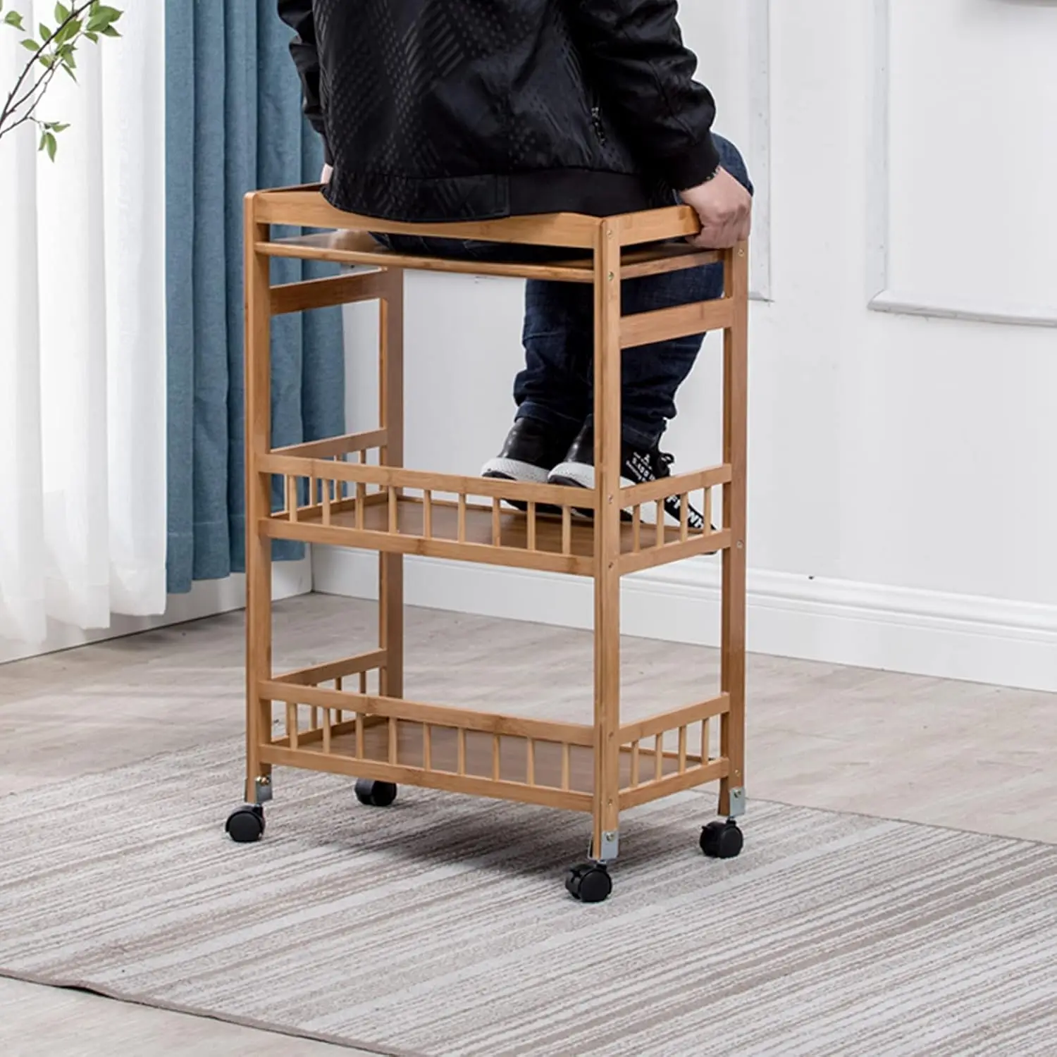 3-Tier Rolling Home Bar Serving Cart Mobile Kitchen Serving Trolley Cart with Removable Trays Bamboo Wine Rack with Wheels Bar Dining Room Tea Wine Holder Serving Cart Furniture - view 4