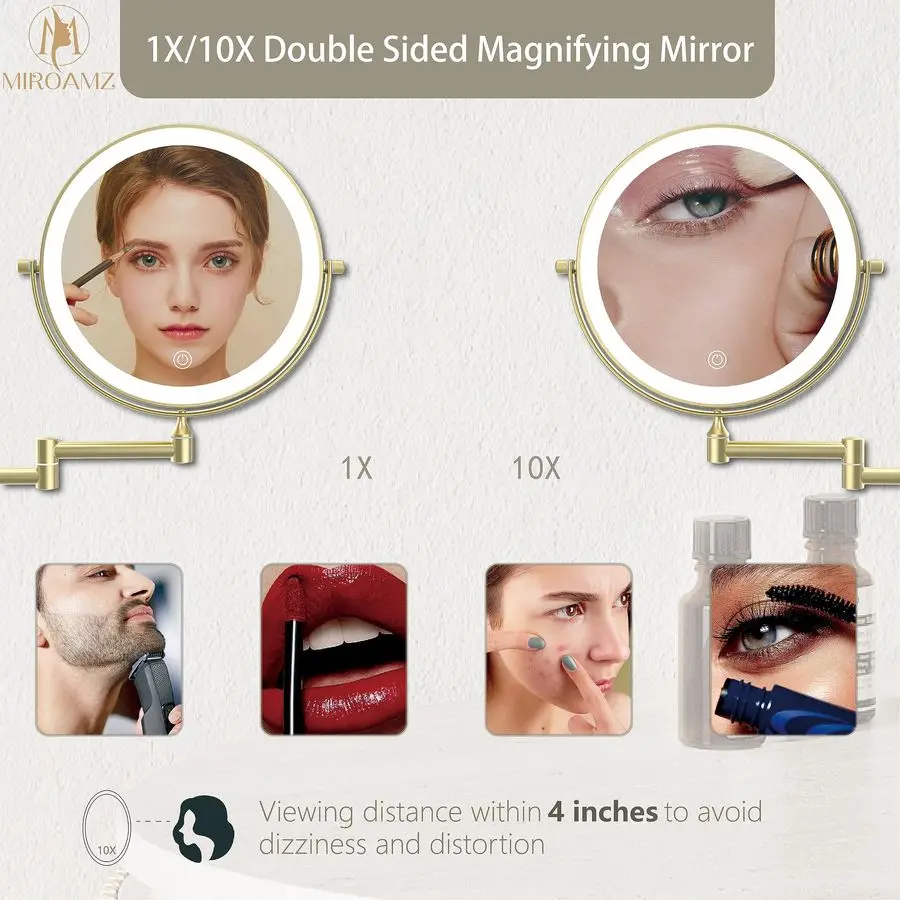 مرآة مكياج مضاءة مثبتة على الحائط مقاس 9 بوصة مزدوجة الجوانب 1X 10X مرآة حمام مكبرة، إضاءة 3 ألوان، شاشة تعمل باللمس #2