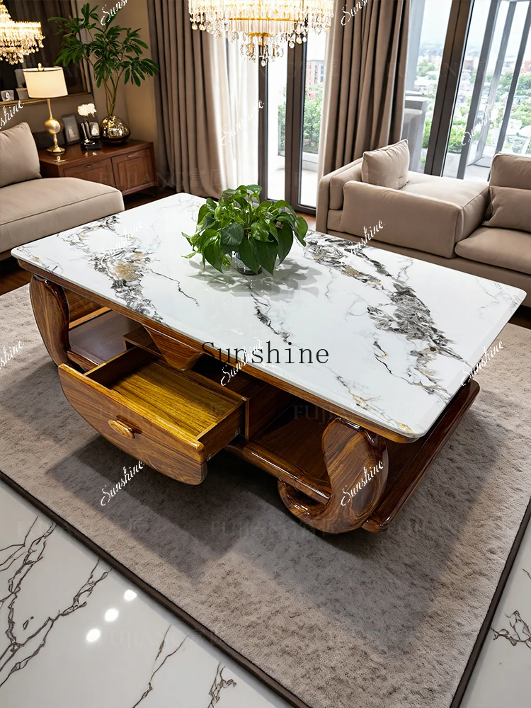 

New Chinese ebony simple living room combination solid wood marble tea table FT