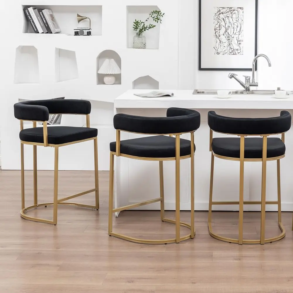 

Counter Height Bar Stools Set of 3, Modern Velvet Barstools with Barrel Backs, 26 inch holstered Counter Stools for Kitchen I