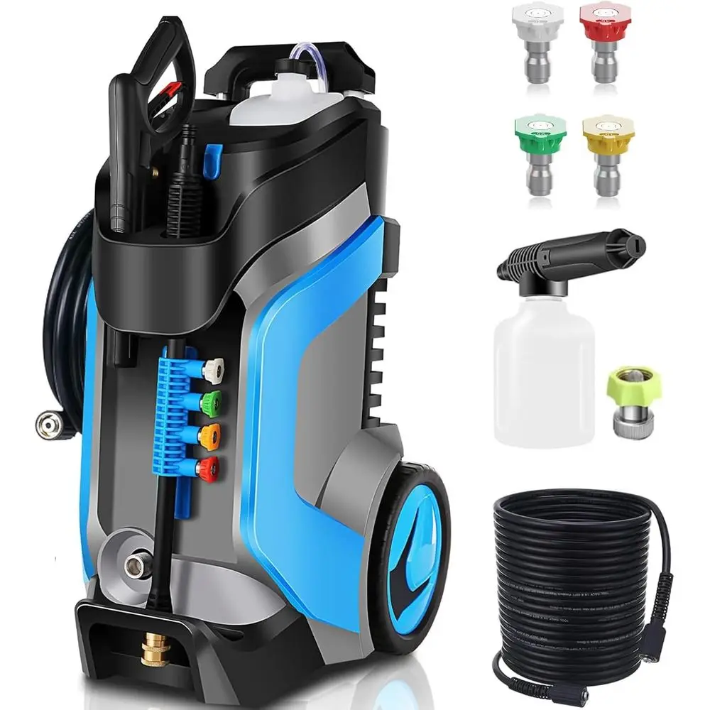 

5000PSI Heavy Duty Pressure Washer 33FT Pipe M22‑14MM Connector 4 Pressure Tips For Home Patio Car Blue