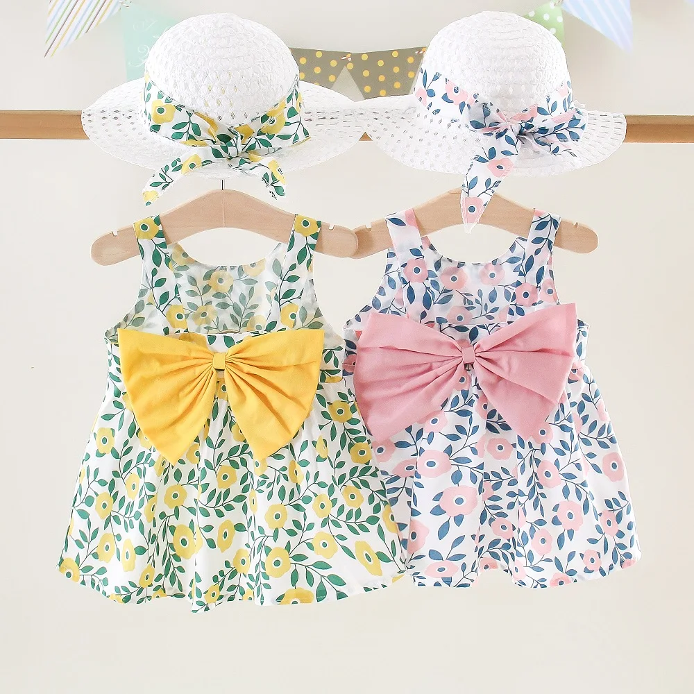 Summer New Girls Dress Halter Ribbon Ribbon Full Print Floral A-line Dress Birthday Party Team Dress + Hat Bow Ribbon