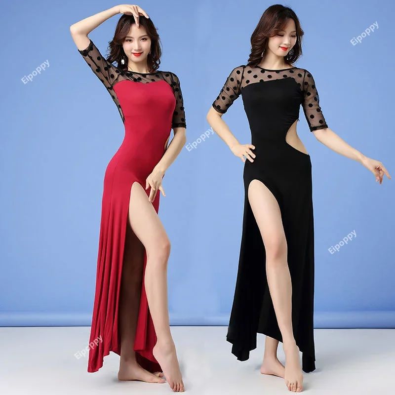 

Длинные платья для танца живота, сексуальная тренировочная модная одежда, платье для восточного выступления, костюм для сценического танца, модальное платье с разрезом