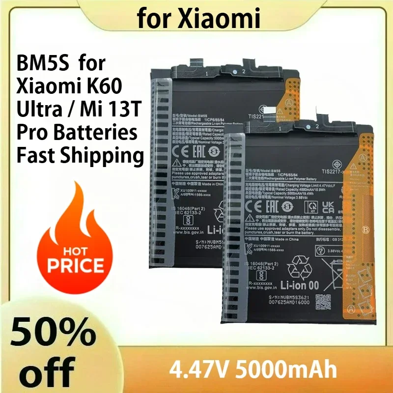 

Phone Replacement Battery BM5S 5000mAh for Xiaomi K60 Ultra / Mi 13T Pro Batteries Fast Shipping