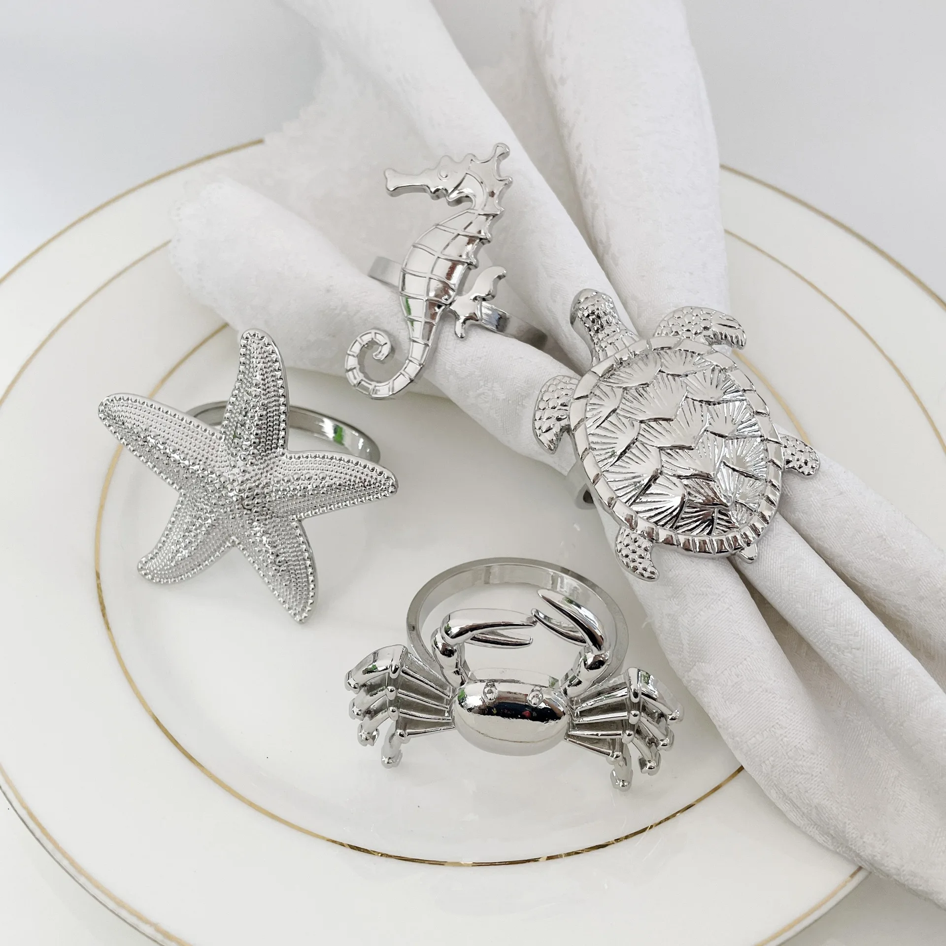 4-Piece Marine Animal Napkin Rings Set – Starfish, Seahorse, Crab & Turtle Designs for Spring Weddings, Parties & Banquets