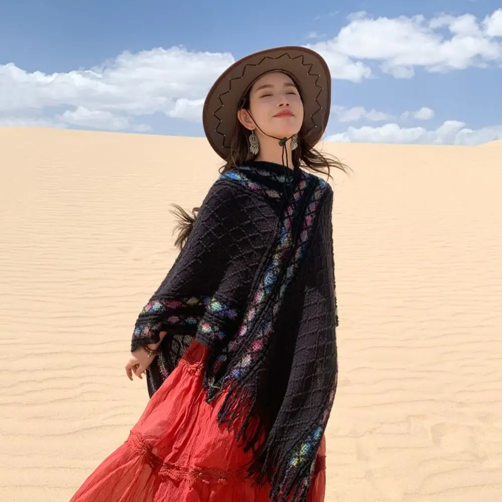 

Retro Printing Ethnic Style Scarf Rhombic Stripe Imitation Cashmere Shawl Scarf Accessories Warm Knitted Cape Travel Vacation