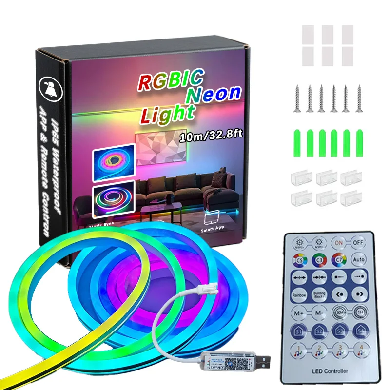 32.8ft 5V Smart RGBIC LED Neon Rope Lights APP Control Music Sync IP65 Waterproof Flexible Cuttable Addressable Neon Light Strip for Bedroom Living Room TV Backlight Indoor Party Decor