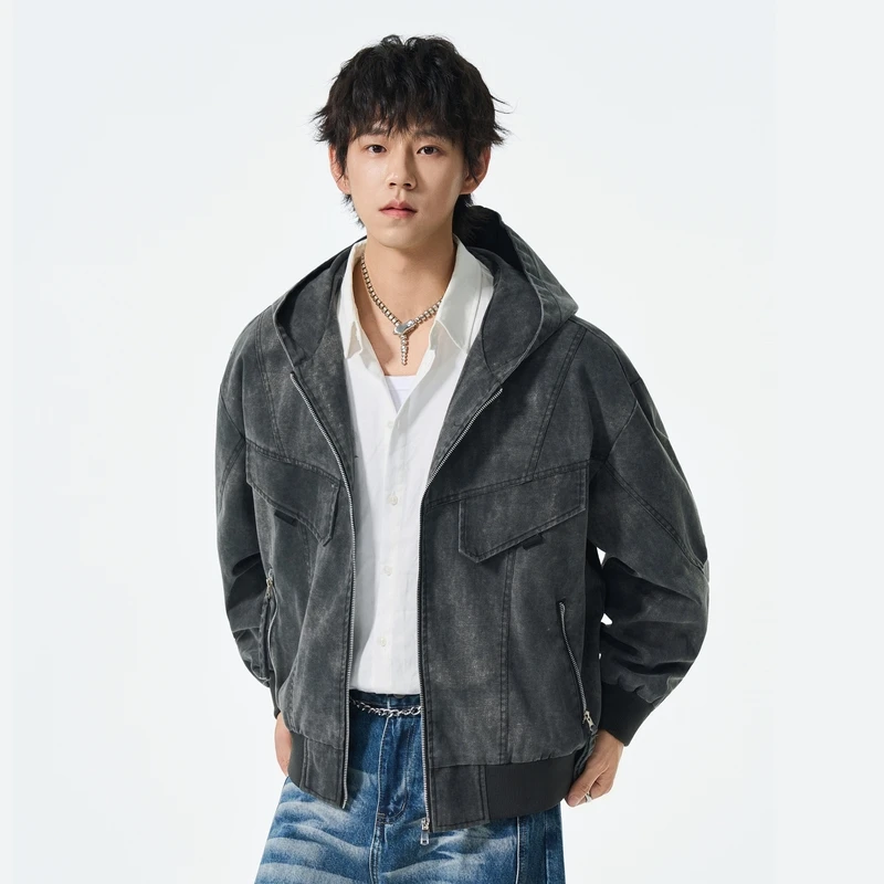 

Retro American Street Sle Men's Hoodie Jaet ort Quilted Zipper Closure Casual Outerwear for Spring Autumn Seasons