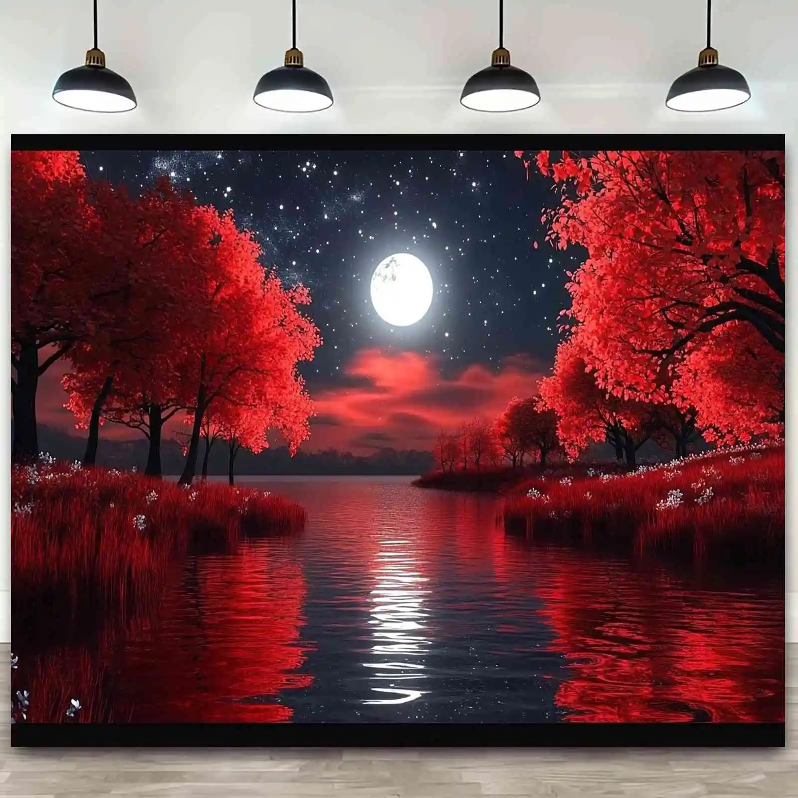 Majestic Red Autumn Forest Tapestry Wall Decor Moonlit River Night Landscape Starry Sky Romantic Bohemian Wall Hanging Art