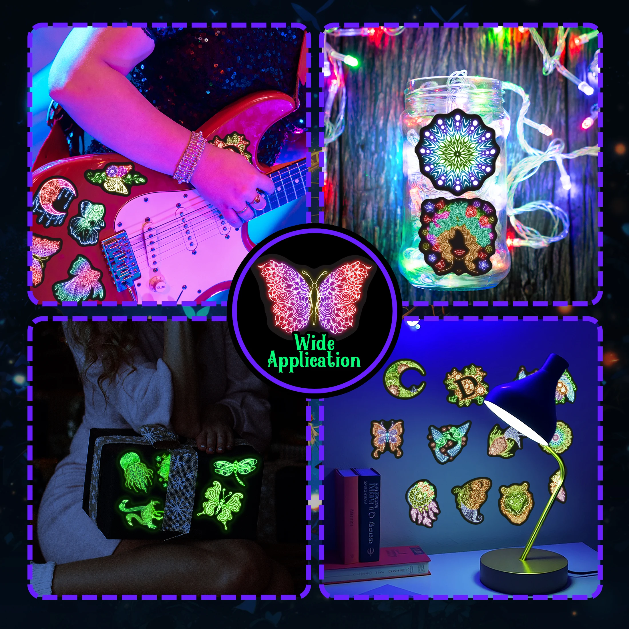 Autocollants néon en filet de rêve, dégradé de couleur, brillent dans la nuit, autocollants en vinyle imperméables, décoration d'ordinateur et de téléphone pour enfants, DIY bricolage, 50 pièces