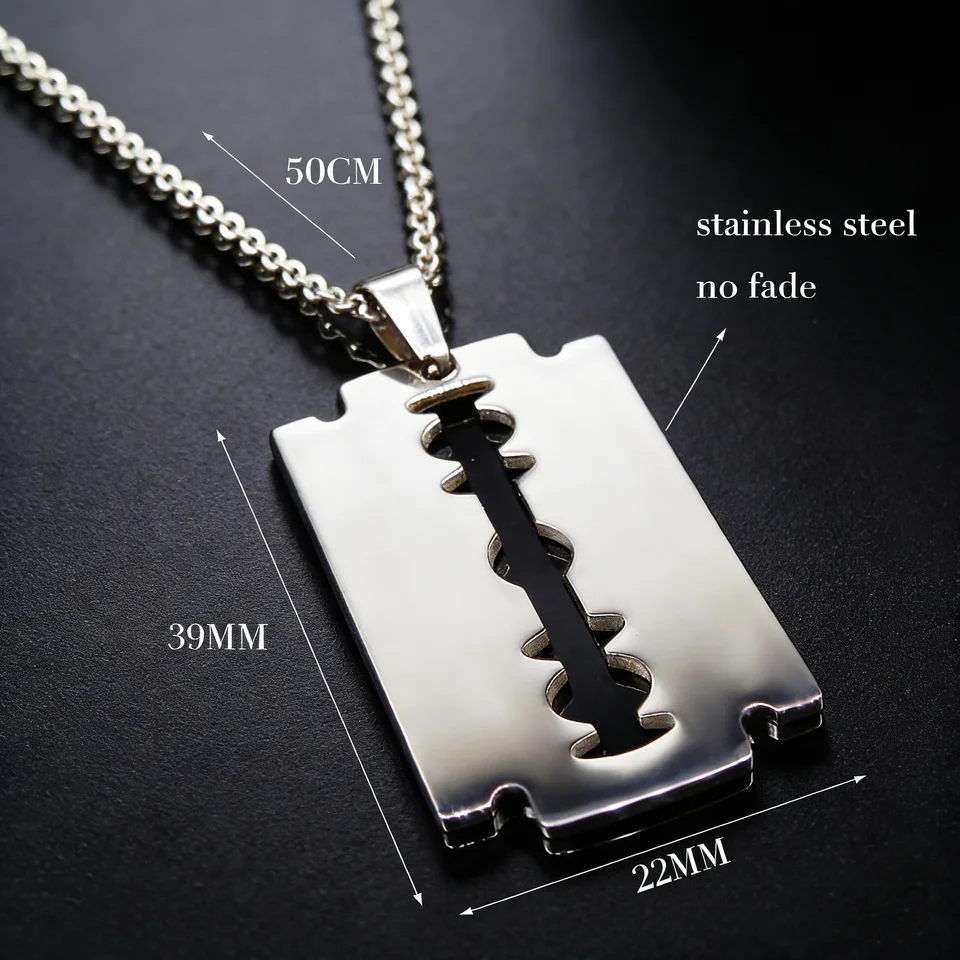 Hiphop Razor Blade Pendant Necklace Men Stainless Steel Male Knife