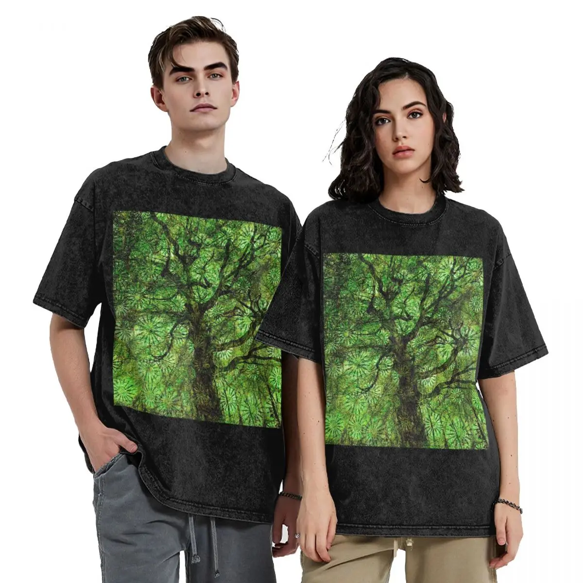 

Streetwear T-Shirts Magic Green Tree Washed T Shirt Short Sleeve Hip Hop T-Shirt Tops Tees for Men Women