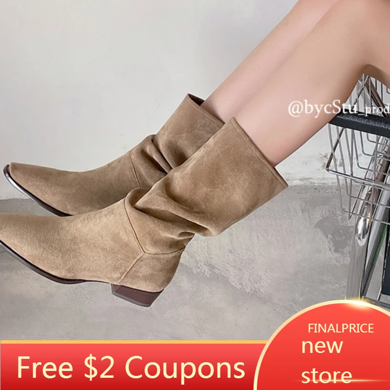 2022 Women Natural Suede Western Boots Chunky Pointed Toe Short Boots Retro Pleated Fashion Boots Female Autumn Winter Botas