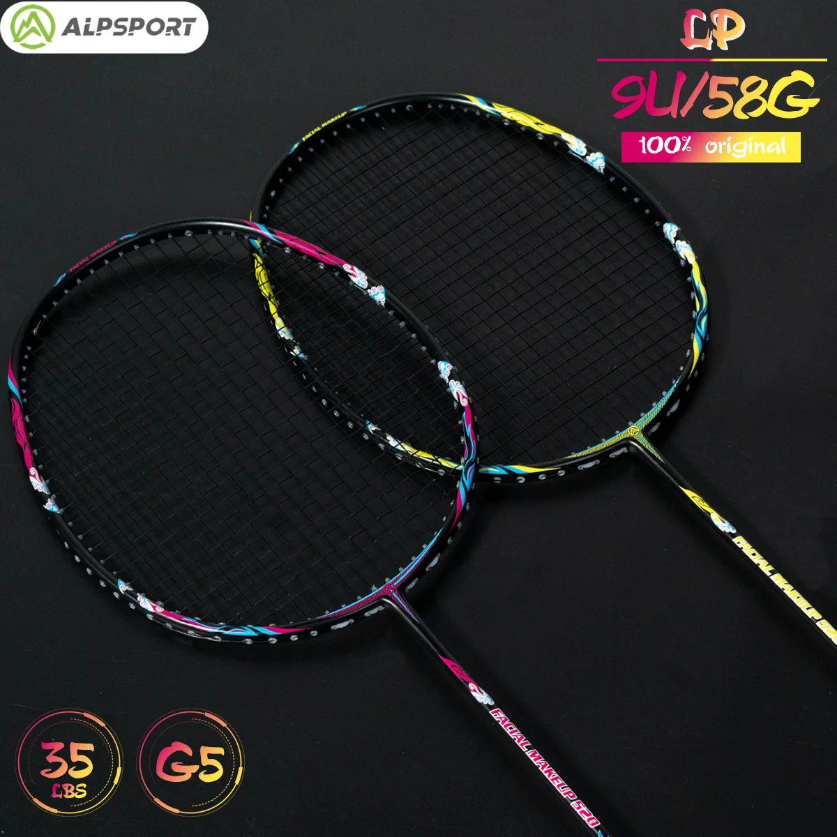 Alpsport LP Pro 9U/64g/G5 최대 35파운드 100% 탄소 섬유 양면 초경량 배드민턴 라켓 (가방 및 스트링 포함) 중급자 및 상급자용